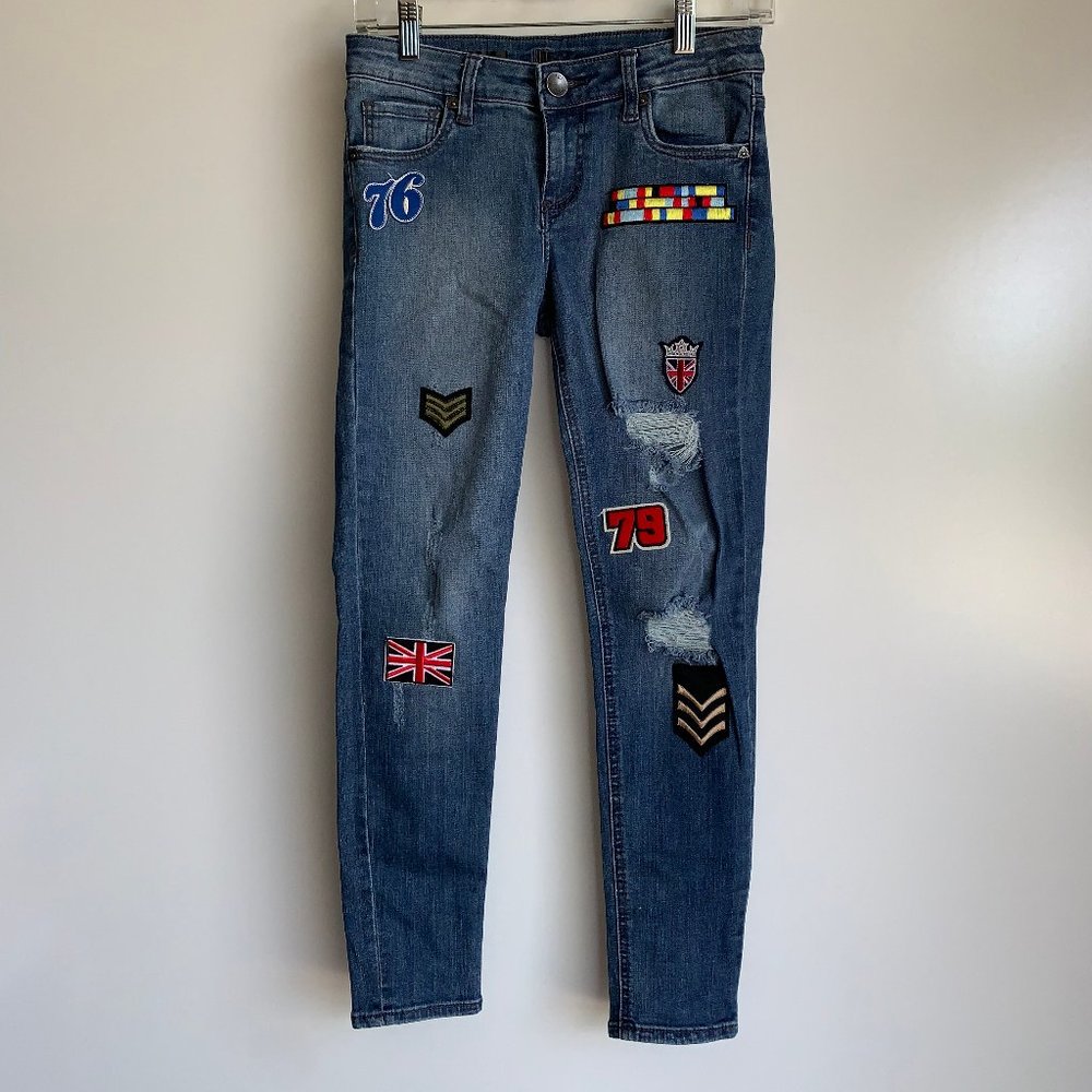 KUT From The Kloth Brigitte Ankle Skinny Jeans Size 0 Distressed Iconic Patches